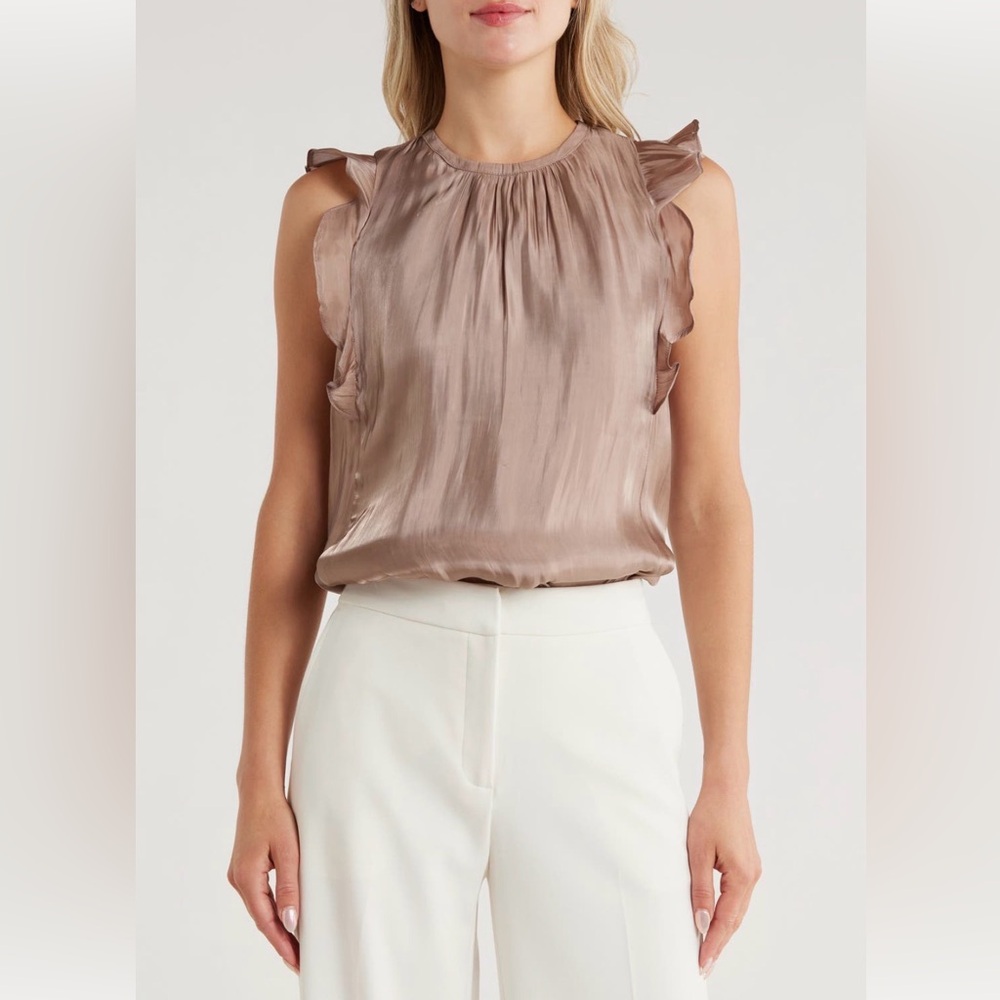 Jason Wu Sleeveless Satin Ruffle-Neck Top in Taupe